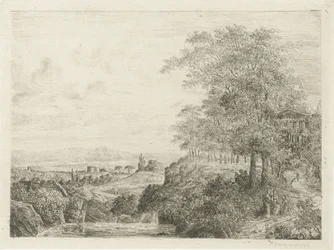 Zuidelijk landschap met tempel en figuren