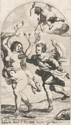 Daphne vluchtend voor Apollo, met Cupido boven