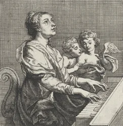 De heilige Cecilia bespeelt het orgel met rechts twee putti, ca. 1631.