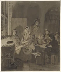 Interieur met groep mensen rond tafel bij kaarslicht