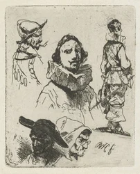Studieblad met soldaten en een oude vrouw