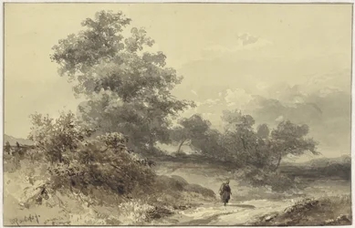 Landschap met bossage en een figuur op een landweg