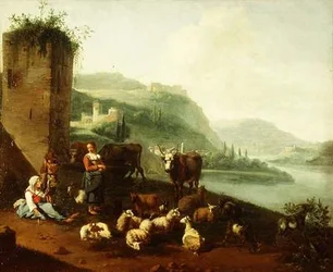 Een Italiaans landschap met boeren, vee, schapen en geiten bij een fontein