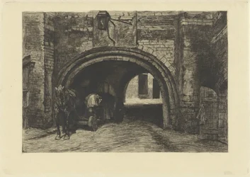 Voertuig met paard onder een oude poort