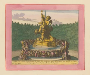 Fontein met een putto als personificatie van rijkdom gezeten op Cerberus