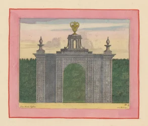 Poort van latwerk met boven in het midden een tuinvaas in de tuinen van Versailles
