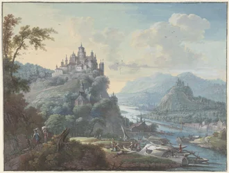 Rivierlandschap met een stad op een heuveltop