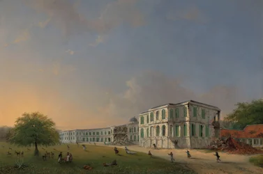 Vooraanzicht van het Buitenzorgpaleis tijdens de aardbeving van 10 oktober 1834 Vooraanzicht van het Buitenzorgpaleis na de aardbeving van 10 oktober 1834