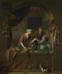 Een vrouw en een visverkoper in een keuken, 1713