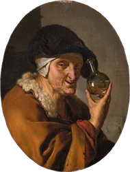 Een oude vrouw met urineglas: „De kwakzalver“