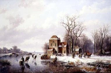 Winterscène met een paard en wagen op een pad