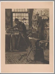 Smid aan het werk bij een bankschroef bij het raam