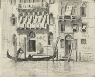 Huizen met zonwering over de balkons aan het Canal Grande te Venetië