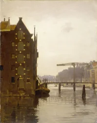 Pakhuizen aan een Amsterdamse gracht op Uilenburg