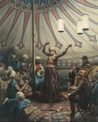 Egyptische danseres in een tent, met muzikanten en toeschouwers
