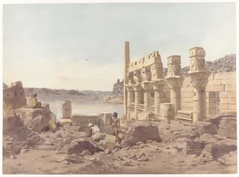 Gezicht op de tempelruïnes te Philae bij Aswan