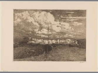 Duinlandschap met zandafgraving en boten