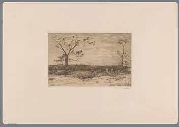 Landschap met kale bomen en houthakkers