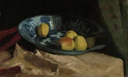 Stilleven met appels in een Delfts blauwe kom