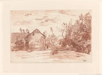 Weiland met grazend vee, links een boerderij