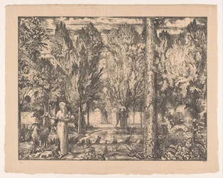 Vrouw en ram in ommuurde tuin