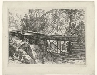 Berglandschap met houten aquaduct