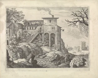 Italiaans landschap met een herberg