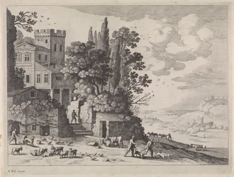 Landschap met een huis, figuren en vee