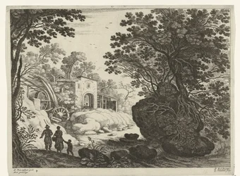 Paar en kind bij watermolen Italiaanse landschappen (serie)