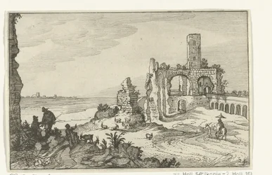 Ruïne met bogen en een toren aan het water