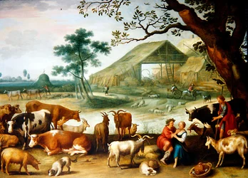 Een boerenpaar met vee bij een boerderij
