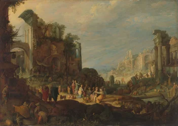 Reizigers tussen Romeinse ruïnes met Rebecca en Eliezer bij de bron, ca. 1602-1605 (olieverf op koper)
