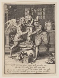 Een man en de duivel vullen een zak met geld en zetten een standbeeld van hoop op, uit Allegorie op het misbruik van wereldse bezittingen