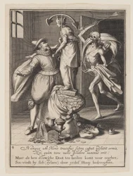 De dood met een pijl die op het punt staat de mens neer te halen, uit Allegorie op het misbruik van wereldse bezittingen