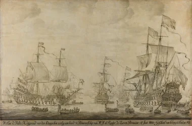 Oorlogsraad aan boord van De Zeven Provinciën, het vlaggenschip van Michiel Adriaensz de Ruyter, 10 juni 1666, voorafgaand aan de Vierdaagse Zeeslag: episode uit de Tweede Engels-Nederlandse Oorlog