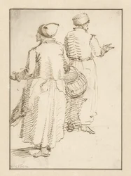 Man en vrouw in boerenkleding, op de rug gezien