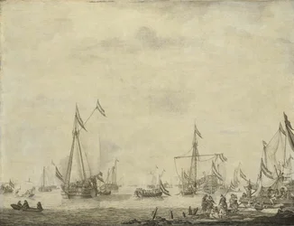 Koninklijk jacht en staatsjacht varen uit Moerdijk met Karel II, koning van Engeland, aan boord, 1660