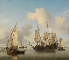 Schepen voor anker aan de kust