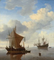 Een kalmte - een smalschip en een kaag voor anker met een Engelse oorlogsschip daarachter