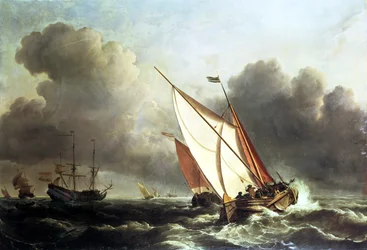 Nederlandse schepen voor de kust in een opkomende storm