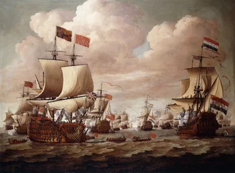 De Engelse en Nederlandse vloten wisselen saluutschoten op zee met de "Prince" en de "Gouden Leeuw" op de voorgrond, 1684