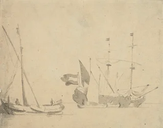 Een boeier aan een pier en een Nederlands schip voor anker