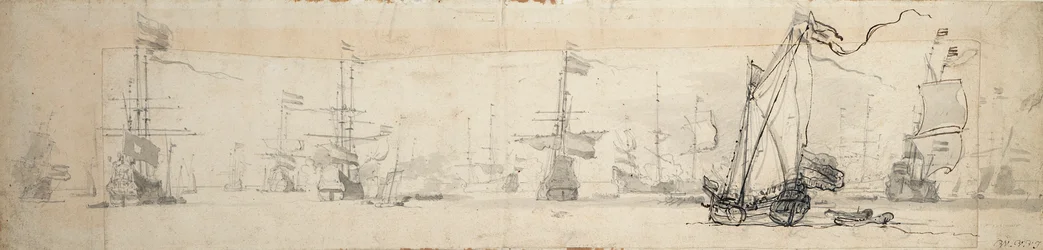 Een staatsjacht onder zeil en schepen voor anker, c.1665