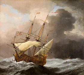 Het Engelse schip Hampton Court in een storm