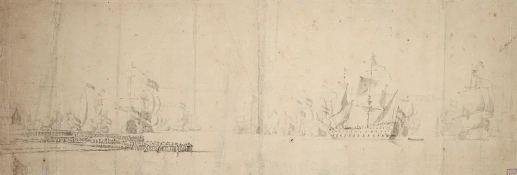 Een Nederlandse vloot vertrekt vanaf een pier, ca. 1665