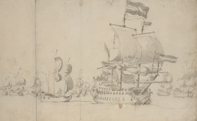 Een Nederlands vlaggenschip met een koeriersschip aan haar zijde, mei 1672?
