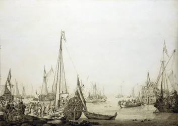 Een verscheidenheid aan schepen in een drukke haven, historisch geassocieerd met de reis van Karel II van Engeland naar Den Haag in 1660, tijdens het herstel van zijn macht over de Engelse troon