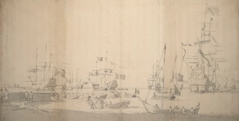 Een weyschuit wordt aan wal getrokken in een drukke haven, ca. 1672