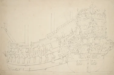 Een Amsterdams schip, mogelijk een Oostindiëvaarder, met ongeveer 50 kanonnen, ca. 1670
