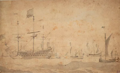Een Engels vlaggenschip voor anker, mogelijk in juni 1673